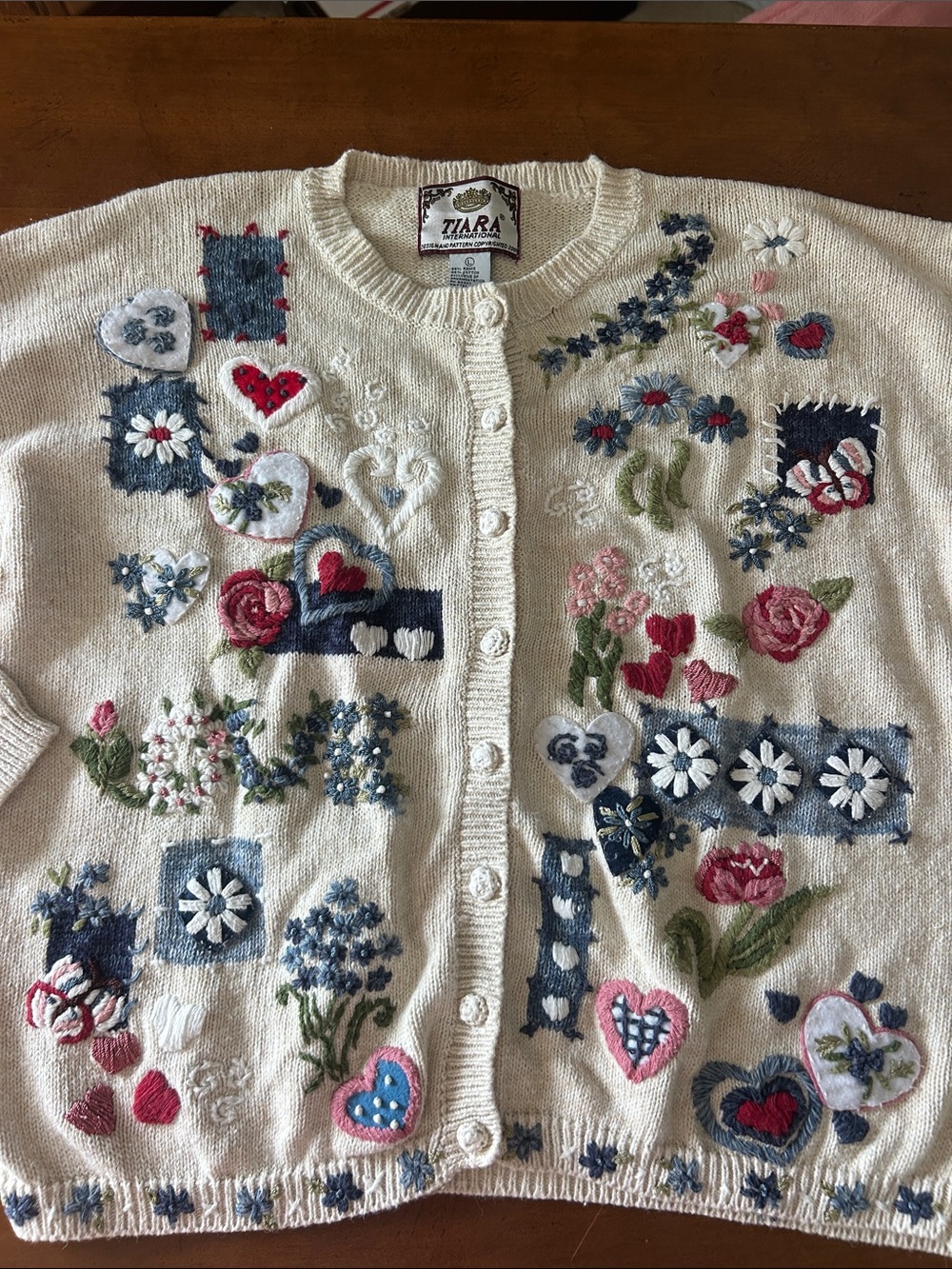 Vintage Tiara Int’l  Cream Embroidered Floral Hearts Button-Up Cardigan Sweater